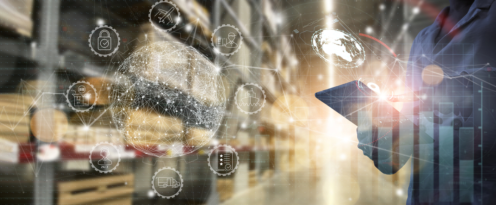 Business Workers using digital tablet computer cargo and tracking delivery for Transportation and global network of smart logistics in blur warehouse background.